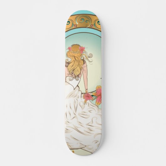 Meisje in witte gans met roze lippenbloemen persoonlijk skateboard (Voorkant)