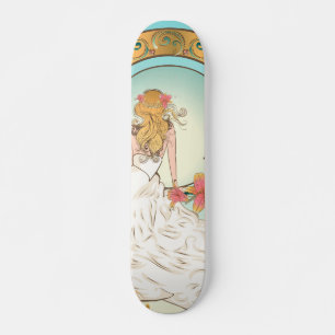 Meisje in witte jurk met roze lelie bloemen persoonlijk skateboard