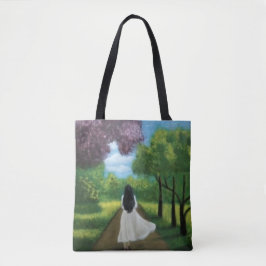 Meisje in witte jurk tote bag