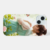 Meisje in zomertuin iPhone 15 case (Achterkant horizontaal)