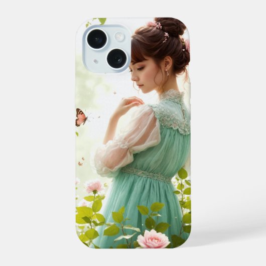 Meisje in zomertuin iPhone 15 case (Achterkant)