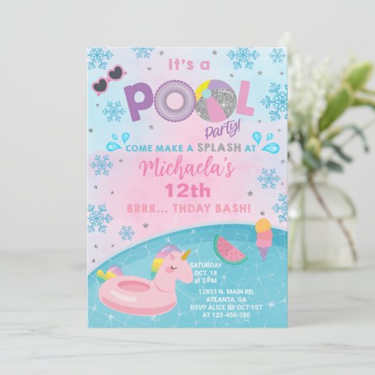 Meisje indoor winter zwembad feest verjaardagsuitn kaart (Staand voorkant)