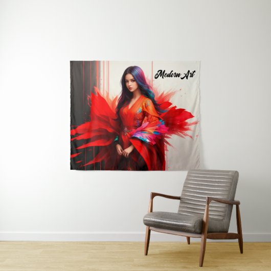 Meisje Japans kimono Aziatisch kleurrijk rood bloe Wandkleed (In Situ (horizontaal))