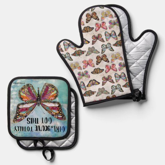 Meisje, je hebt helemaal deze vlinder ovenwant & pannenlap set (Voorkant / Achterkant)