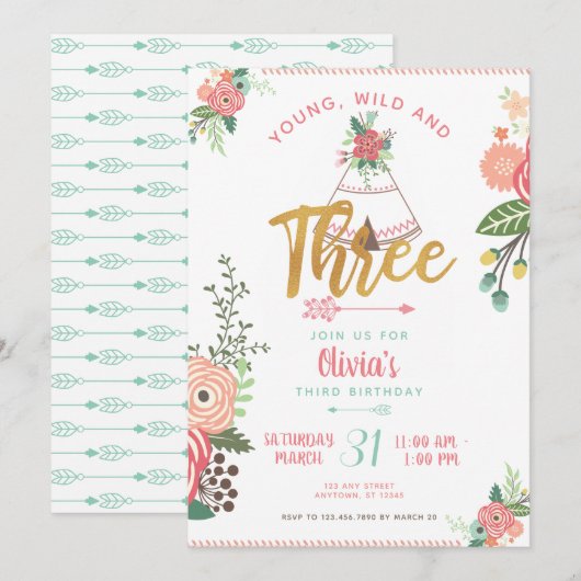 Meisje Jong Wild Drie Boho Tribal Verjaardag Uitno Kaart (Voorkant / Achterkant)