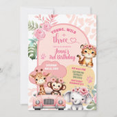 Meisje Jong Wild en drie Safari dieren Verjaardag Kaart (Voorkant)