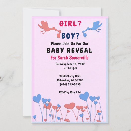 Meisje, jongen onthullen, ooievaars, hart bloem Ba Kaart (Voorkant)