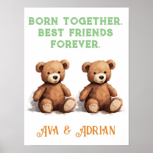 Meisje & Jongen Tweeling Kwekerij,  Teddyberen, Poster (Voorkant)