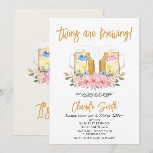 Meisje Jongen Twins Baby is Brouwen Baby shower Kaart (Voorkant / Achterkant)