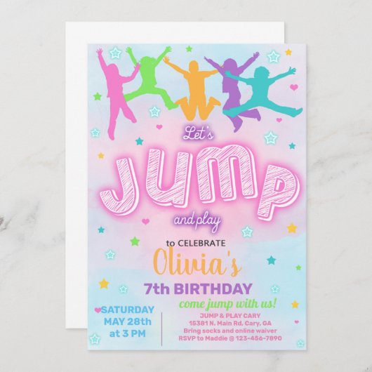 Meisje JUMP en uitnodiging voor verjaardagsfeestje (Voorkant / Achterkant)
