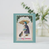 Meisje, kat en hond onder het paraplu in sneeuw-Vi Briefkaart (Staand voorkant)