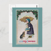 Meisje, kat en hond onder het paraplu in sneeuw-Vi Briefkaart (Voorkant / Achterkant)