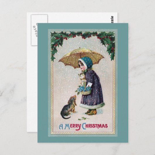 Meisje, kat en hond onder het paraplu in sneeuw-Vi Briefkaart (Voorkant / Achterkant)