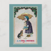 Meisje, kat en hond onder het paraplu in sneeuw-Vi Briefkaart (Voorkant)