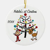 Meisje, kat, hond, eerste Kerstmis Gepersonaliseer Keramisch Ornament (Voorkant)