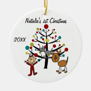 Meisje, kat, hond, eerste Kerstmis Gepersonaliseer Keramisch Ornament