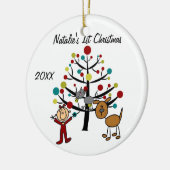 Meisje, kat, hond, eerste Kerstmis Gepersonaliseer Keramisch Ornament (Links)