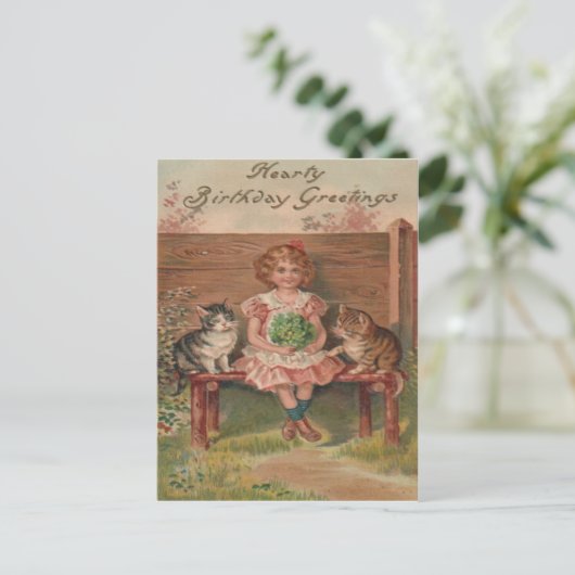 Meisje Kat Kitten Bloemen Verjaardag Briefkaart (Staand voorkant)