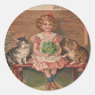 Meisje Kat Kittens Bloemen Verjaardag Ronde Sticker