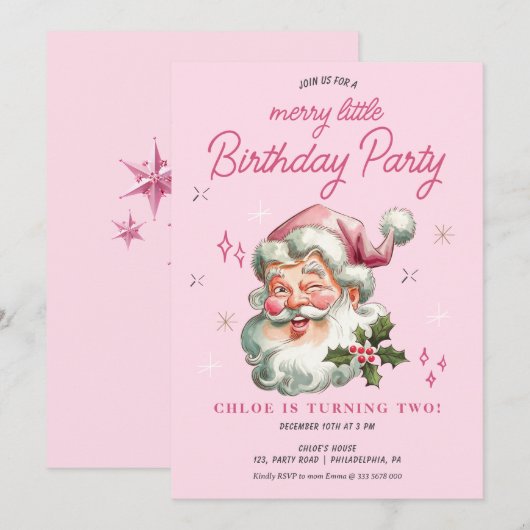Meisje Kerstmis Uitnodiging Verjaardag Vrolijk kle (Voorkant / Achterkant)