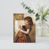 Meisje, keukenkat en vogel -  schilderen briefkaart (Staand voorkant)