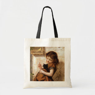 Meisje, keukenkat en vogel - schilderen tote bag