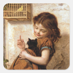Meisje, keukenkat en vogel -  schilderen vierkante sticker