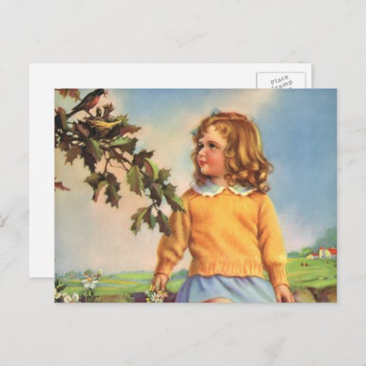  Meisje Kijkt Vogels In Een Boom, Spring Briefkaart (Voorkant / Achterkant)
