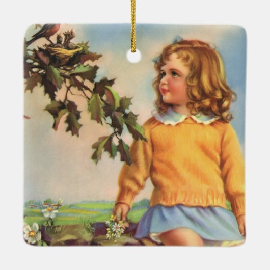  Meisje Kijkt Vogels In Een Boom, Spring Keramisch Ornament (Achterkant)