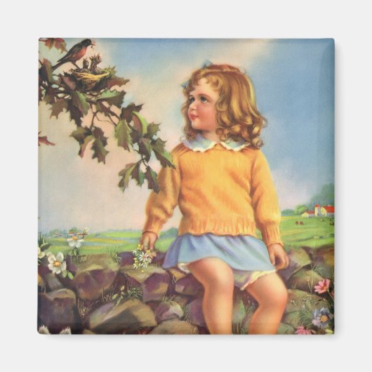 Meisje Kijkt Vogels In Een Boom, Spring Magneet (Voorkant)