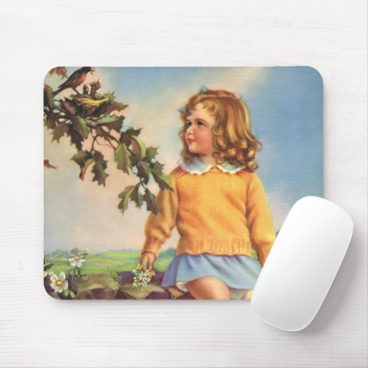  Meisje Kijkt Vogels In Een Boom, Spring Muismat (Met muis)