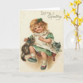 Meisje Kitten Kat Verjaardag Kaart (Gele Bloem)