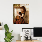 Meisje, Kitty Cat en Bird Vintage Poster Print (Thuiskantoor)