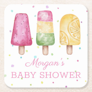 Meisje klaar om zomer baby shower te laten barsten kartonnen onderzetters