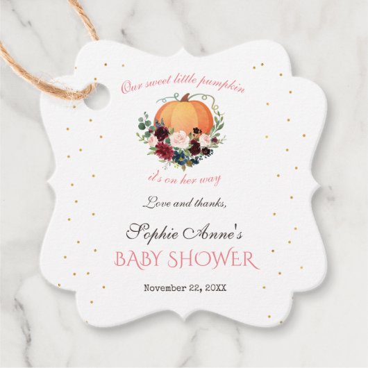 Meisje Kleine Pompoen Burgundy Bloemen Baby Shower Bedankjes Labels (Voorkant)