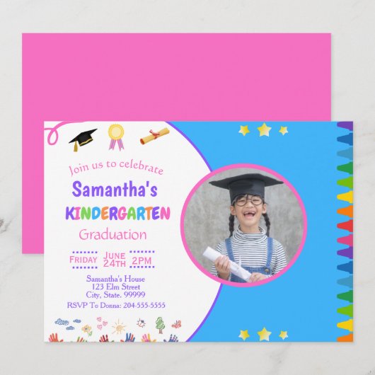 Meisje Kleuterschool Afstudeerfeest Uitnodiging (Voorkant / Achterkant)