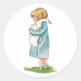 Meisje knuffelen gans handgemaakt (Beatrix Potter  Ronde Sticker
