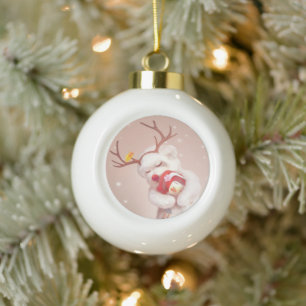 Meisje knuffelen hond in rendieren gewei keramische bal ornament