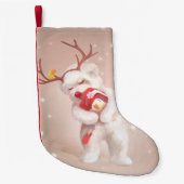Meisje knuffelen hond in rendieren gewei kleine kerstsok (Voorkant)