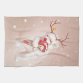 Meisje knuffelen hond in rendieren gewei theedoek (Horizontaal)