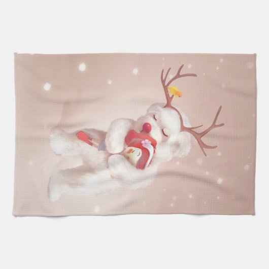 Meisje knuffelen hond in rendieren gewei theedoek (Horizontaal)