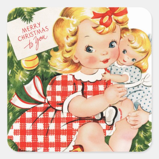  meisje knuffelen pop vierkante sticker (Voorkant)