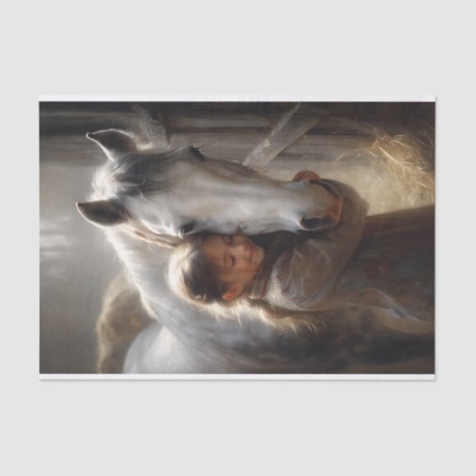 Meisje Knuffelen Witte Paard Decoupage Tissuepapier (Voorkant)