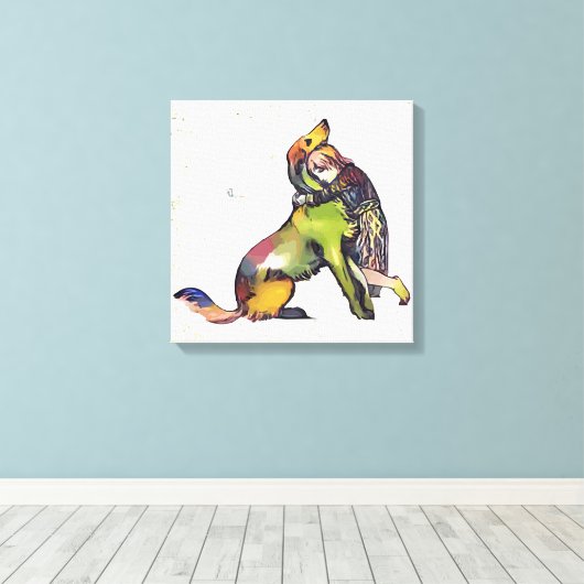 Meisje knuffelhond canvas afdruk (Insitu (Houten vloer))