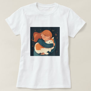 Meisje knuffelt een schattige kat cartoon. Kind en T-shirt