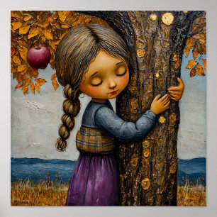 Meisje knuffelt met appelboom romantische natuur poster