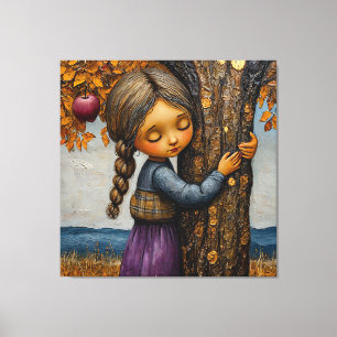 Meisje knuffelt met een appelboom canvas afdruk