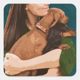 Meisje knuffelt twee teckels knuffel uw hond dag vierkante sticker