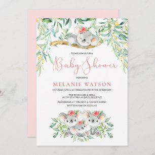 Meisje Koala Struik Baby Douche Uitnodigingen