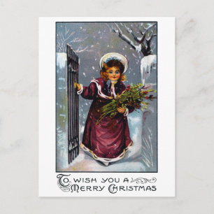 Meisje komt door voorste poort in de winter briefkaart